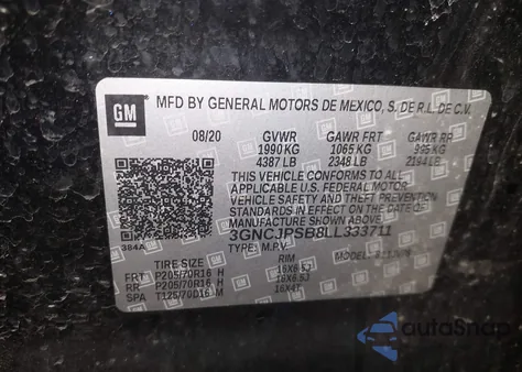 2020 Chevrolet Trax 1Lt из США, поврежденный, VIN 3GNCJPSB8LL333711